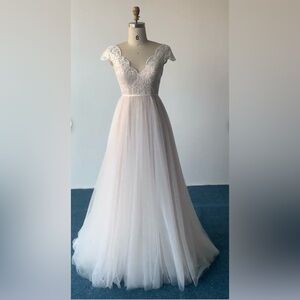 NEW Custom Made Blush Lace Wedding Dress Gown Cap Sleeves A Line